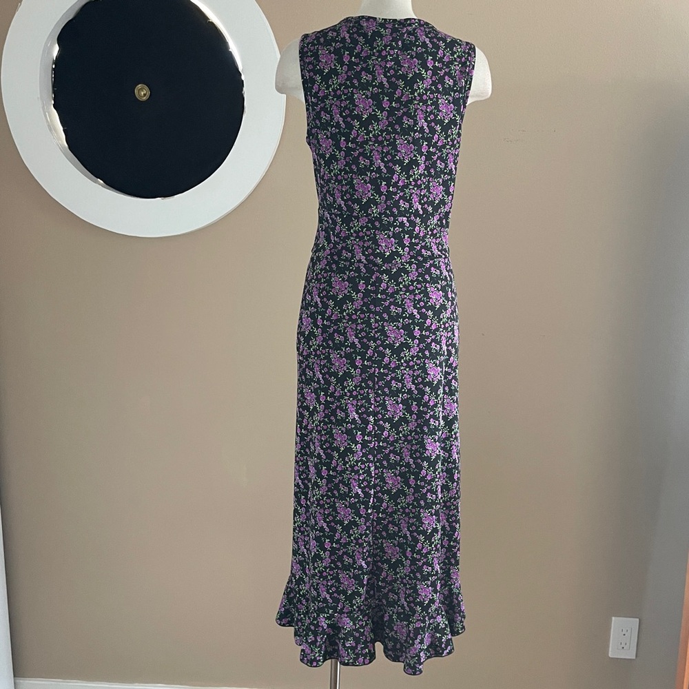 Connected Apparel Size 12 Blue Floral Midi Dress Deep V Ruffle Slit Feminine - Picture 7 of 15